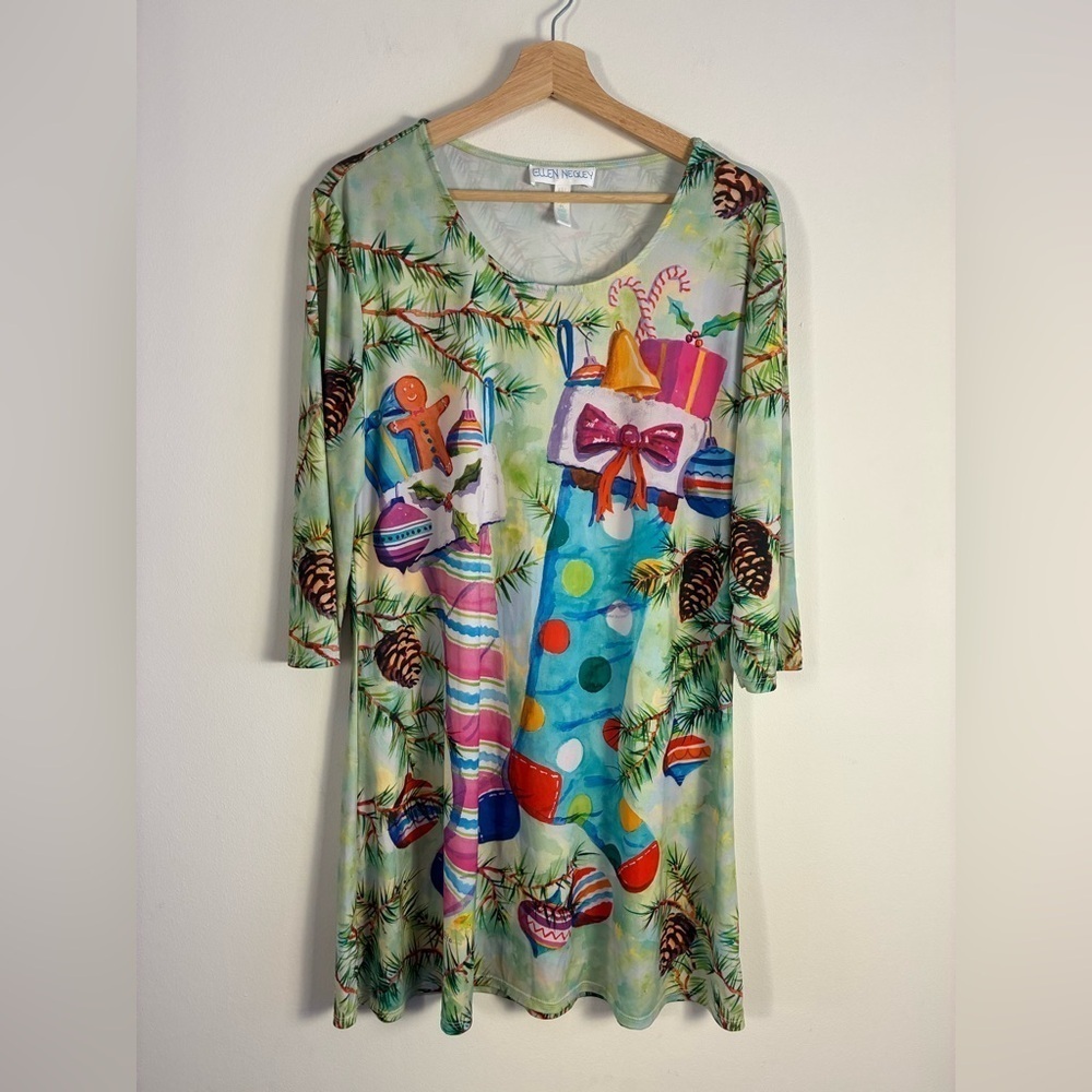 Ellen Negley Art & Sol Christmas Dress Petite Large Holiday 3/4 Sleeve